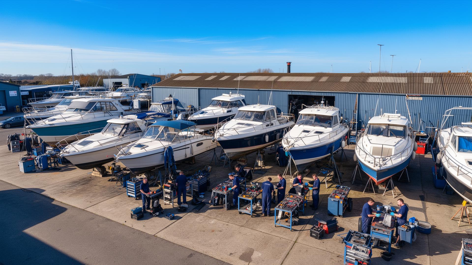 UK boatyard workshop with technicians working on boats