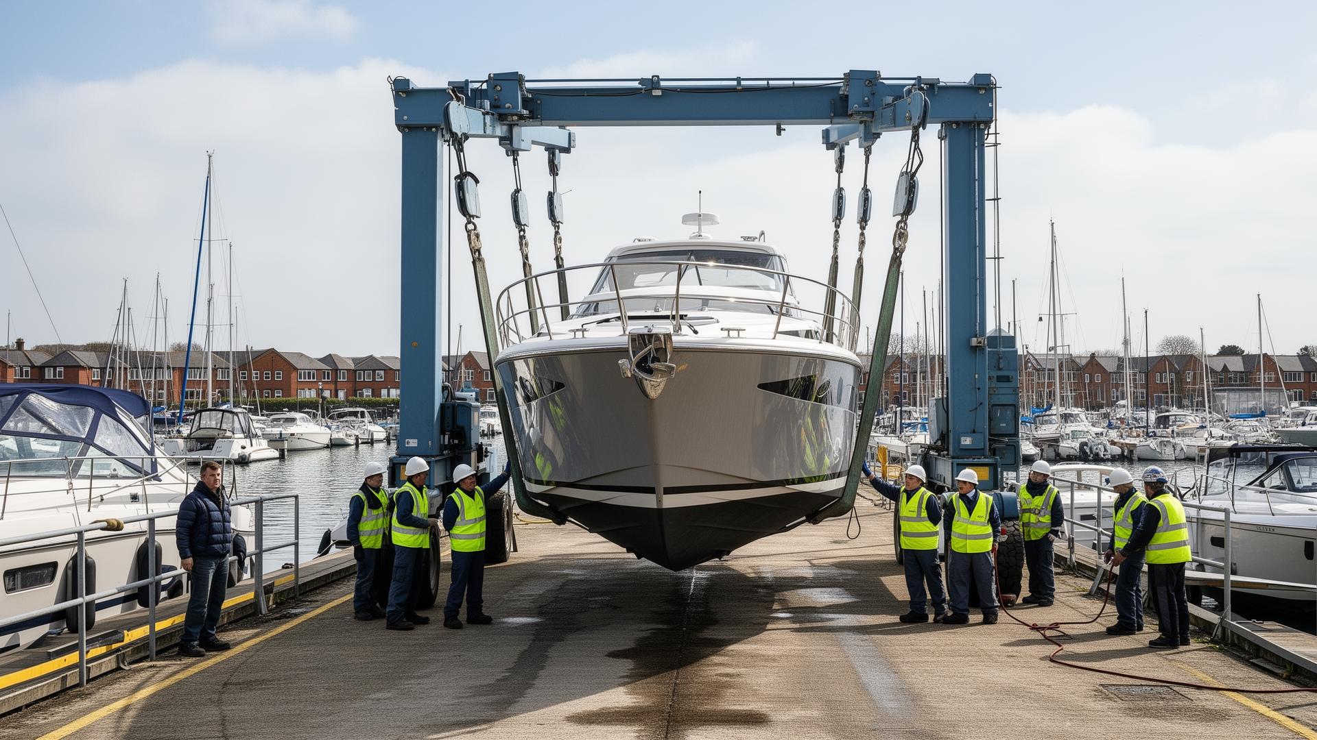 Travel hoist lifting yacht at UK boatyard