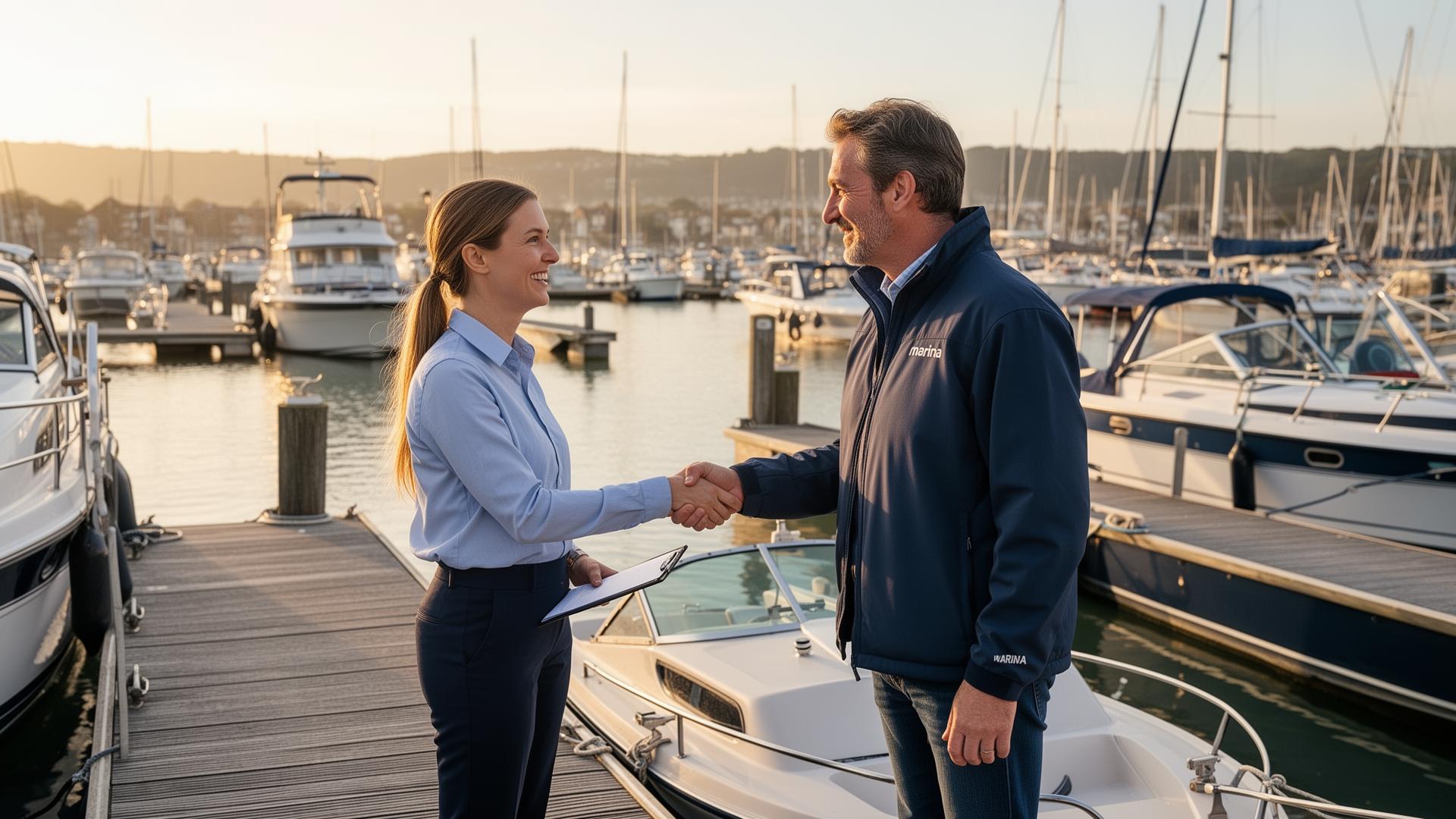 Marina staff greeting boat owner at pontoon