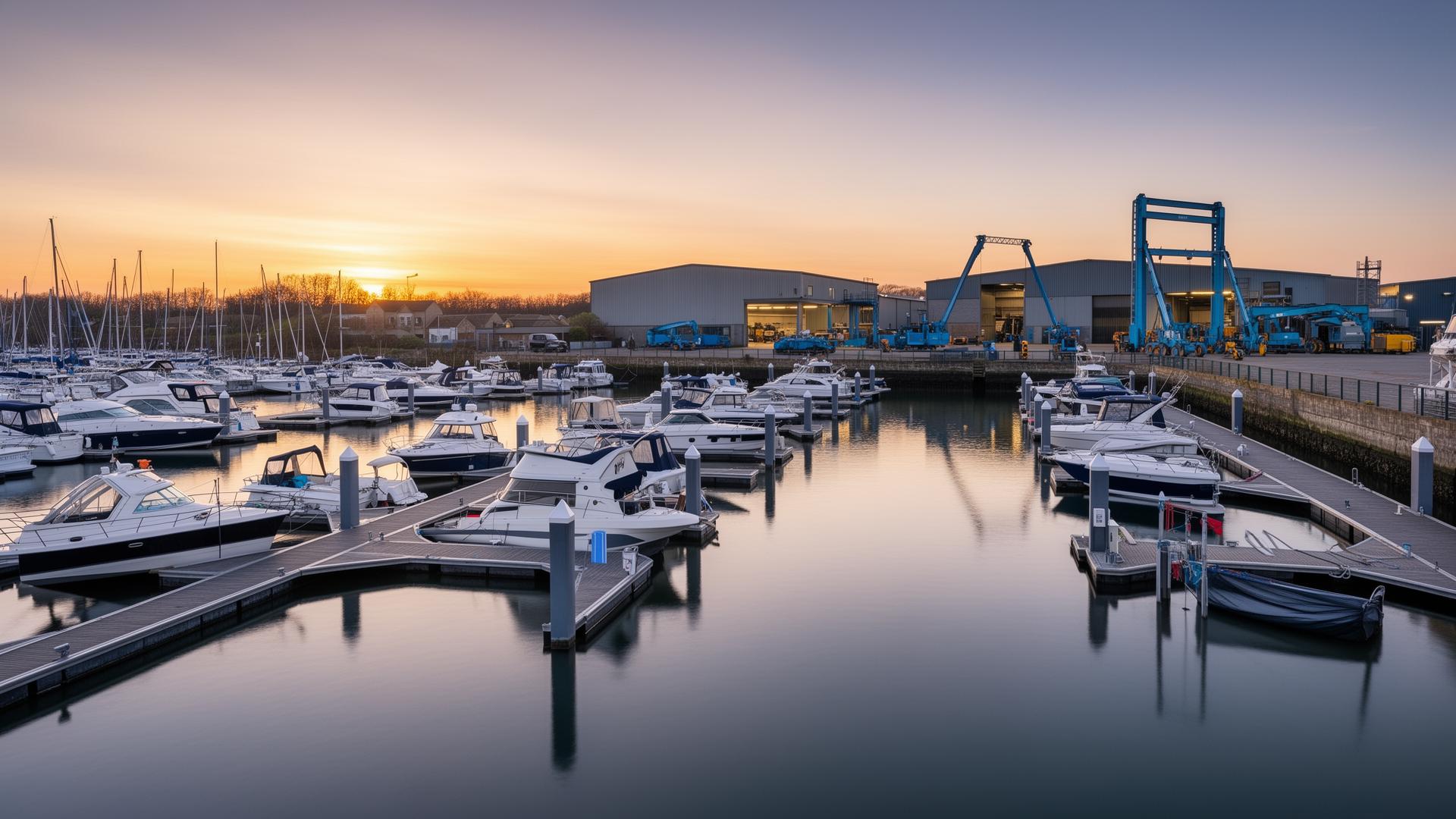 UK boat yard with boats in dry dock and travel hoist