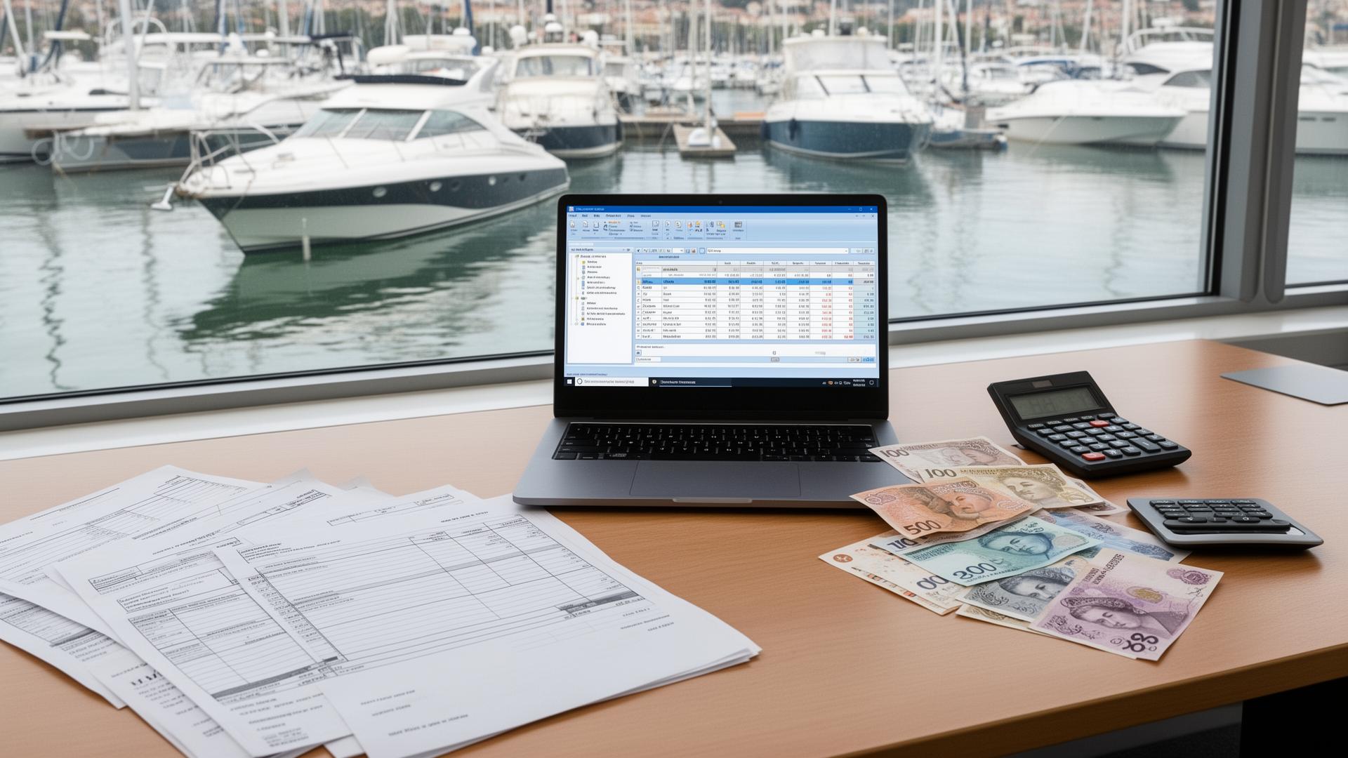 Marina office desk with financial software and boats visible