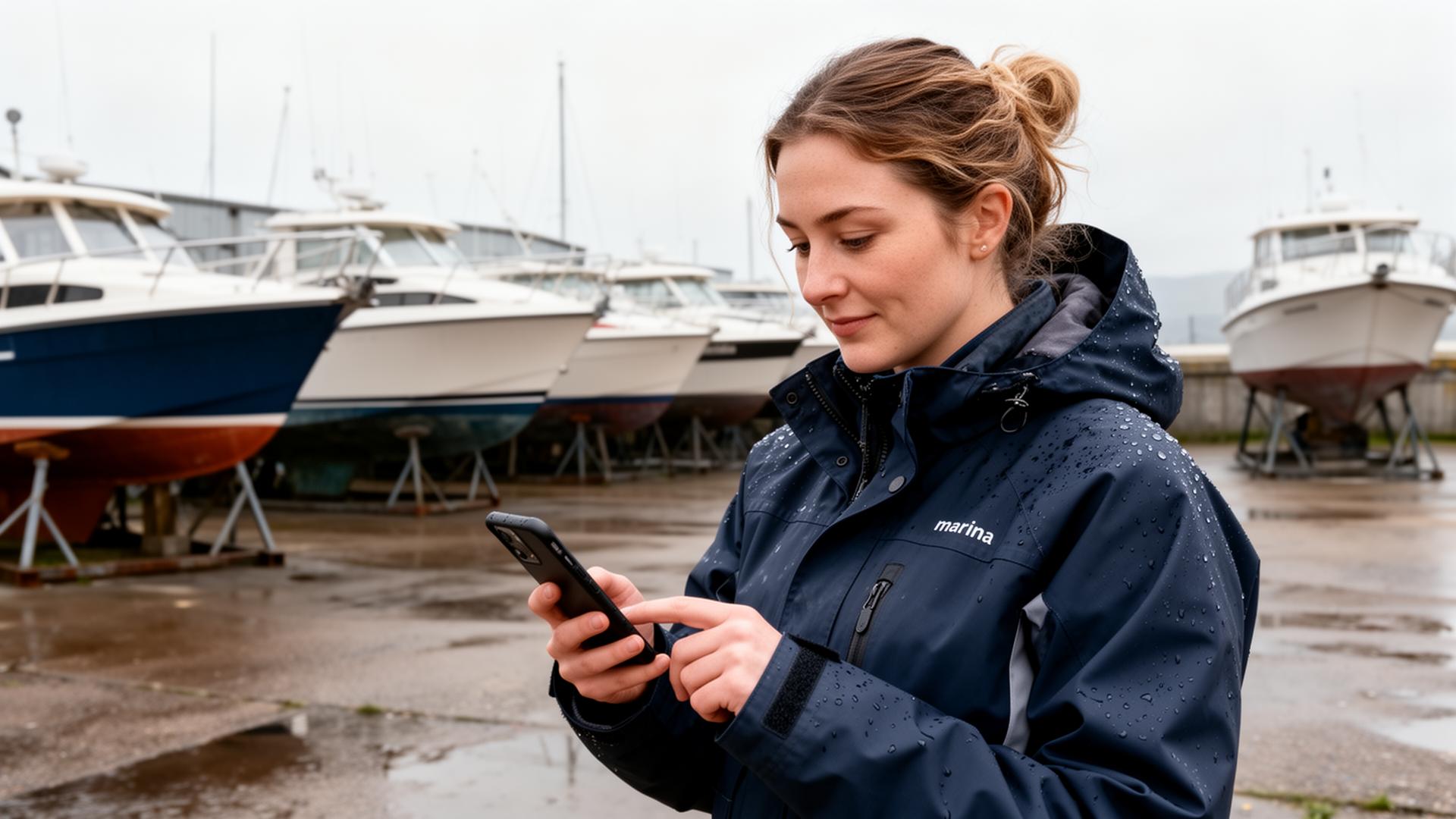 Marina technician using smartphone in boatyard