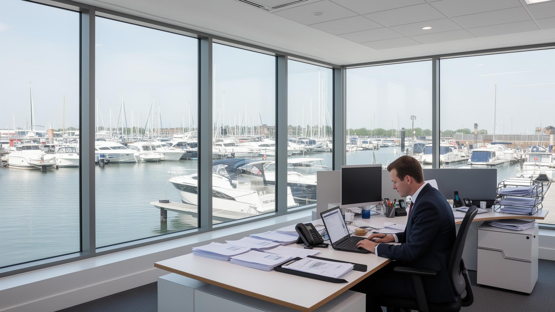 UK boat yard office with pricing plans on screen