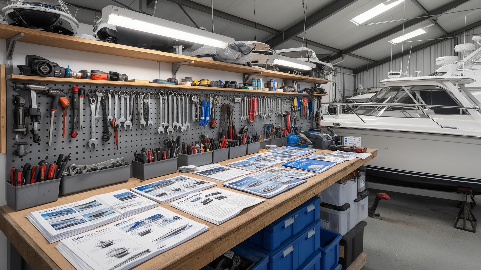 Marina workshop with organized tools and reference materials
