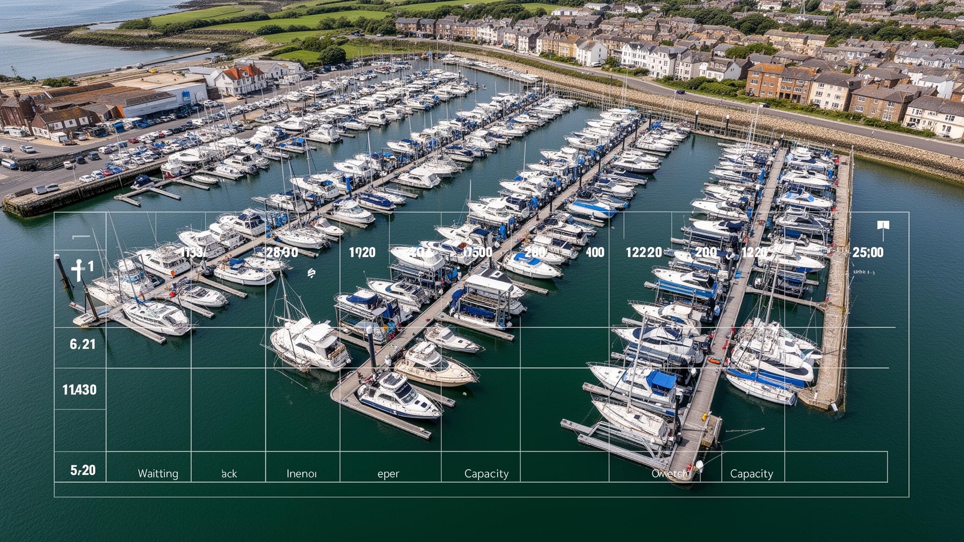 Aerial view of organized UK marina with berths