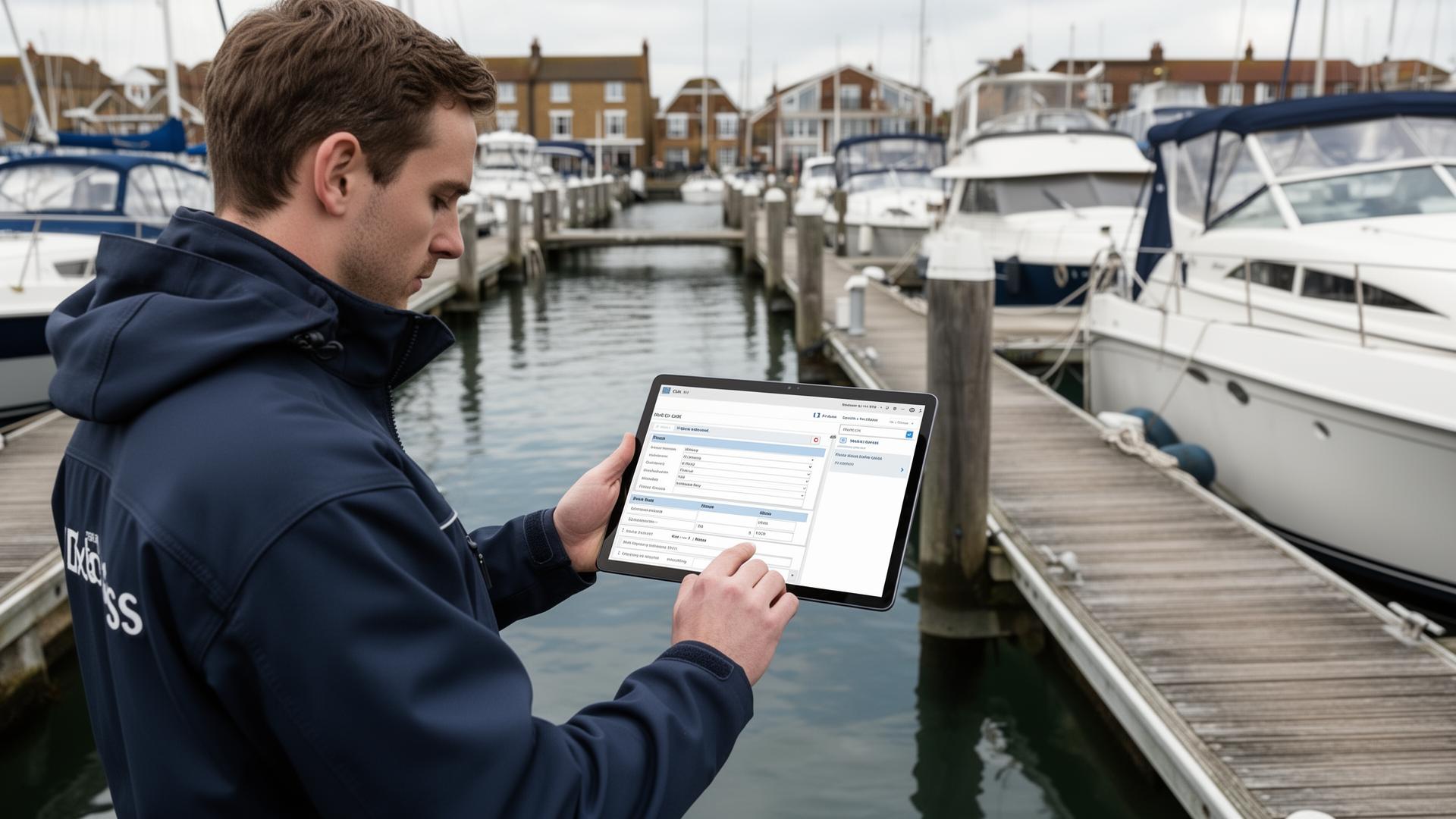 Marina technician using tablet to manage work orders